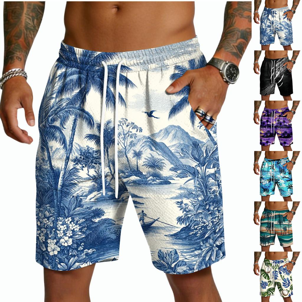 Herren Freizeitshorts mit Kordelzug Leicht Schnelltrocknend Innenbeinlänge Fünf Zoll Hawaiianischer Print Strand Badeshorts mit Taschen