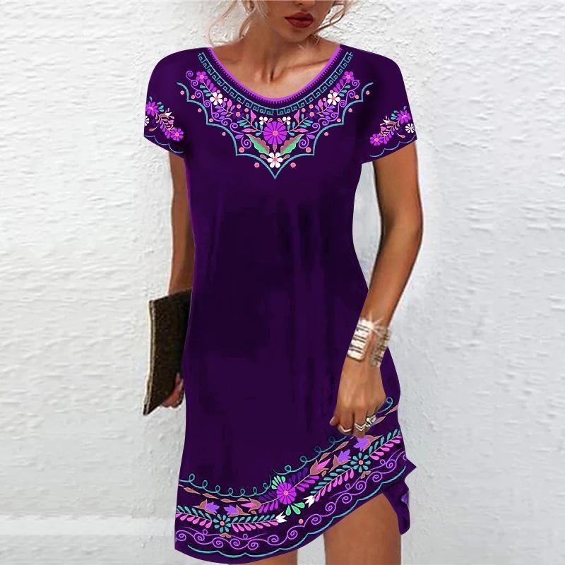 Fashion Women's Dress Summer Short Sleeve Casual Printed Party Dresses Loose Round Neck Pullover Elegant Dress