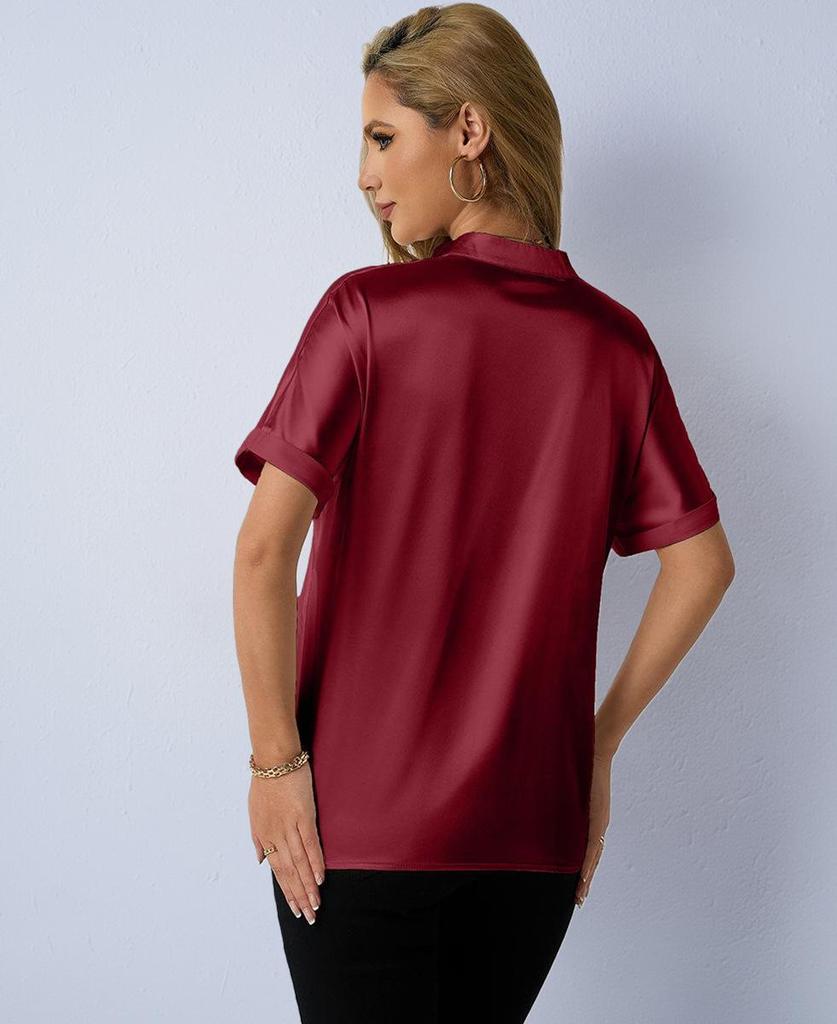 Elegante Satin-Herbstbluse - Europäischer & Amerikanischer Stil, Kurzarm Stehkragen