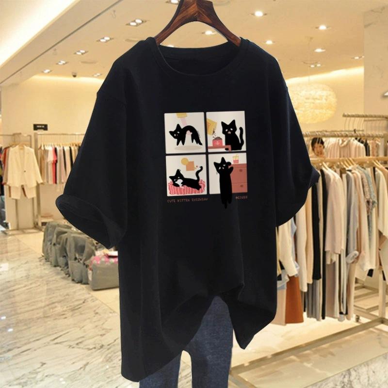 Cartoon Short-sleeved T-shirt Women's Summer New Large Size Loose Medium and Long Half-sleeved T-shirt Pure Cotton Top Bottoming Shirt