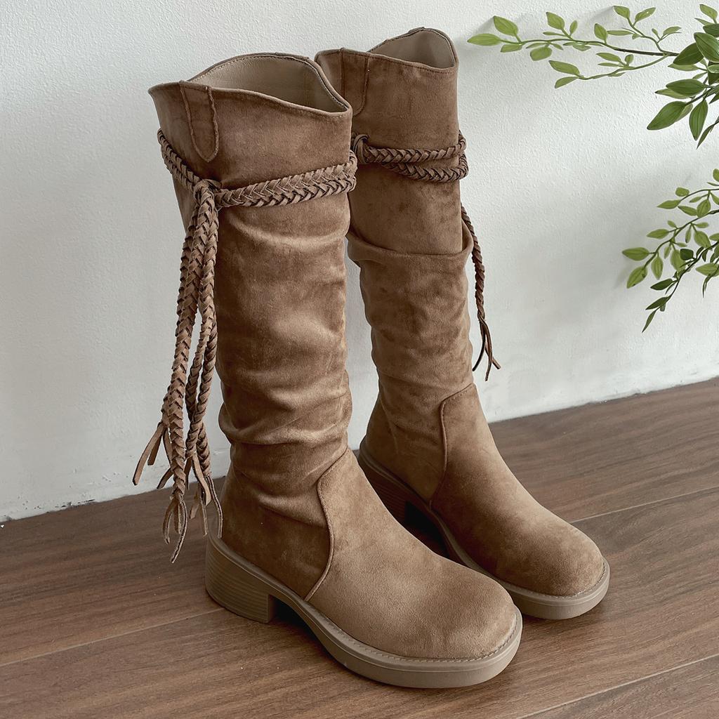 Khaki retro thick heel boots boots women's 2025 new autumn small slim pile western cowboy boots