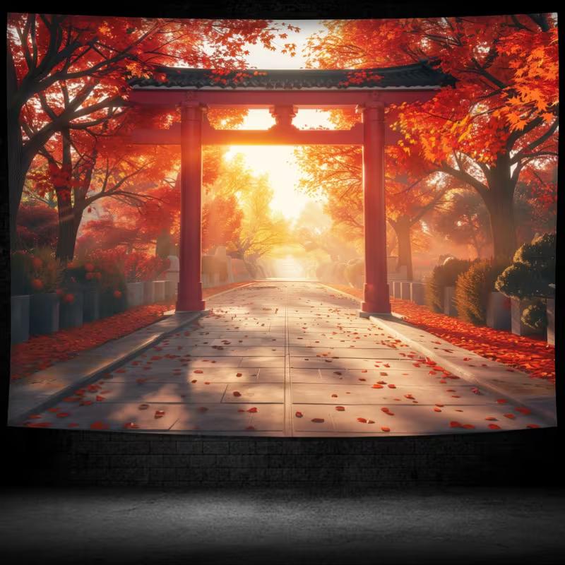 2D Japanese Autumn Torii Tapestry, Red Maple Tree Sunset Wall Hanging for Home Decor