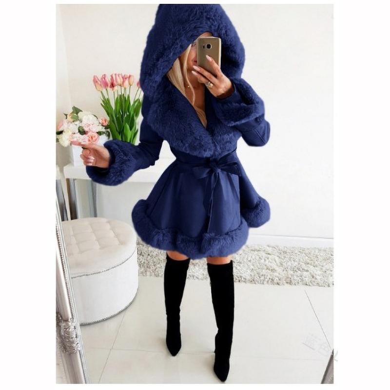 Fur Jackets Women Elegant Fur Belt Coat Streetwear Lapel Warm Hooded Jacket