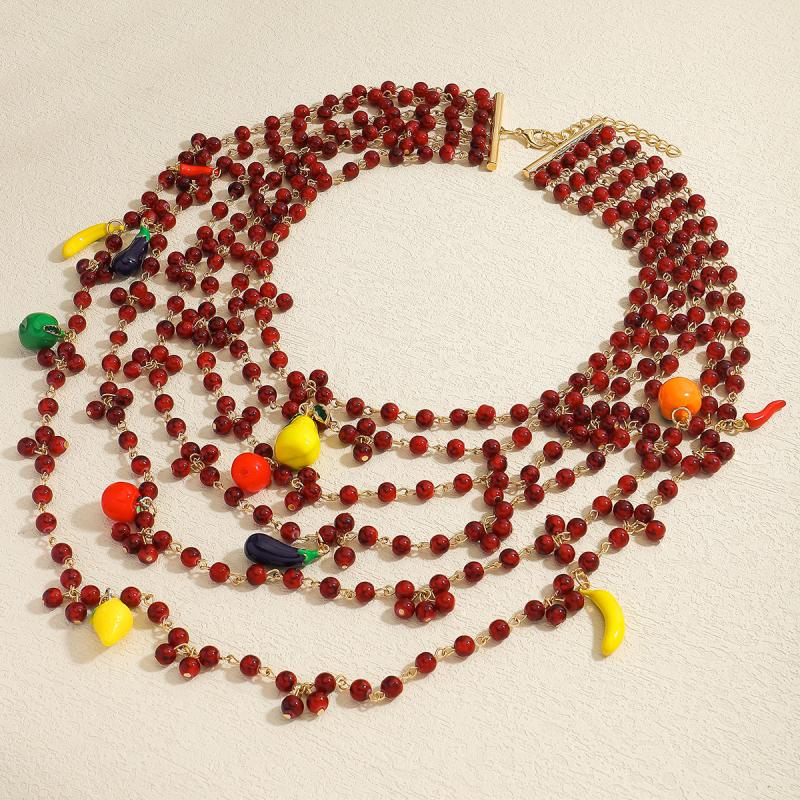 Boho Wielowarstwowy Naszyjnik z Koralików Owocowych Dla Kobiet Dziewcząt Długi Naszyjnik Chili Bakłażan Cytryna Biżuteria Prezenty