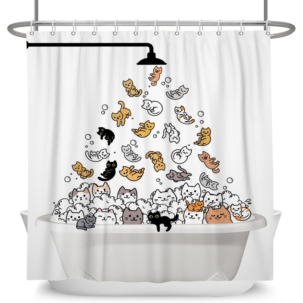 Minimalist Comics Shower Curtain Cute Cats Funny Cat Bath Scene Decor Waterproof Polyester Bathroom Curtain Set with 12 Hooks