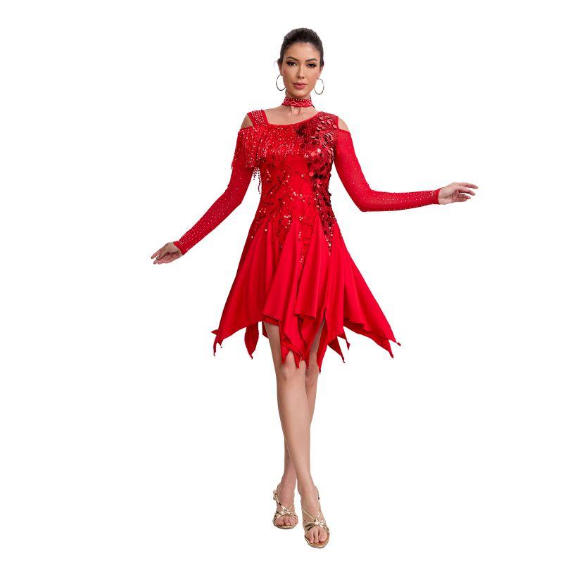 Women's Latin Dance Dress with Sequins, Long Sleeves, and Fringe for Performance