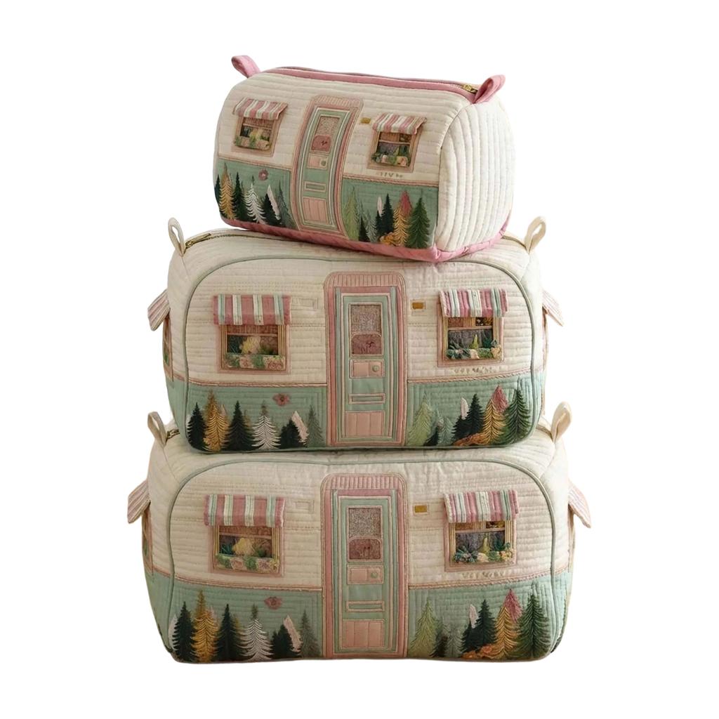 Quilted Multi Functional Storage Bag Set M Size with Floral and Nature Pattern Embroidery for Cosmetics and Accessories Organizer