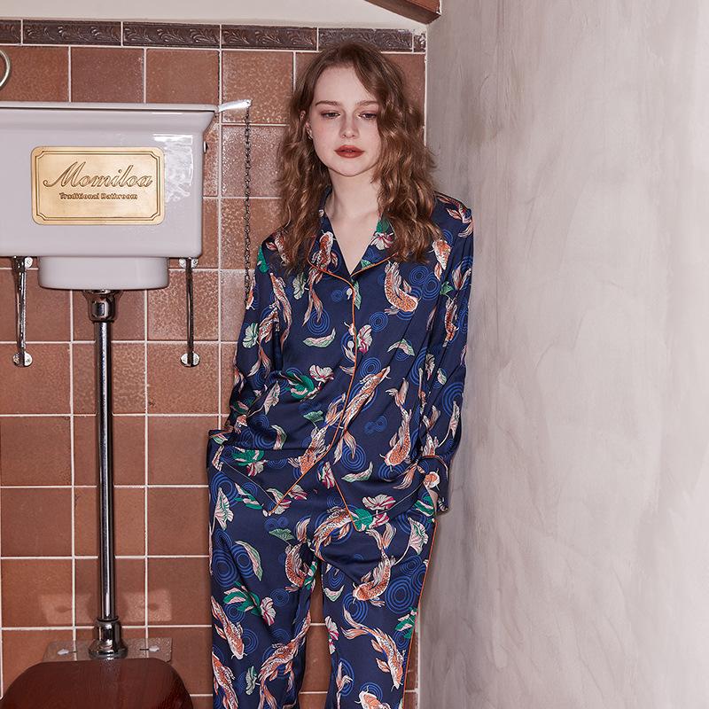 [Blue Koi] New pajamas women's summer ice silk two-piece set long-sleeved ice and snow silk lapel loungewear set