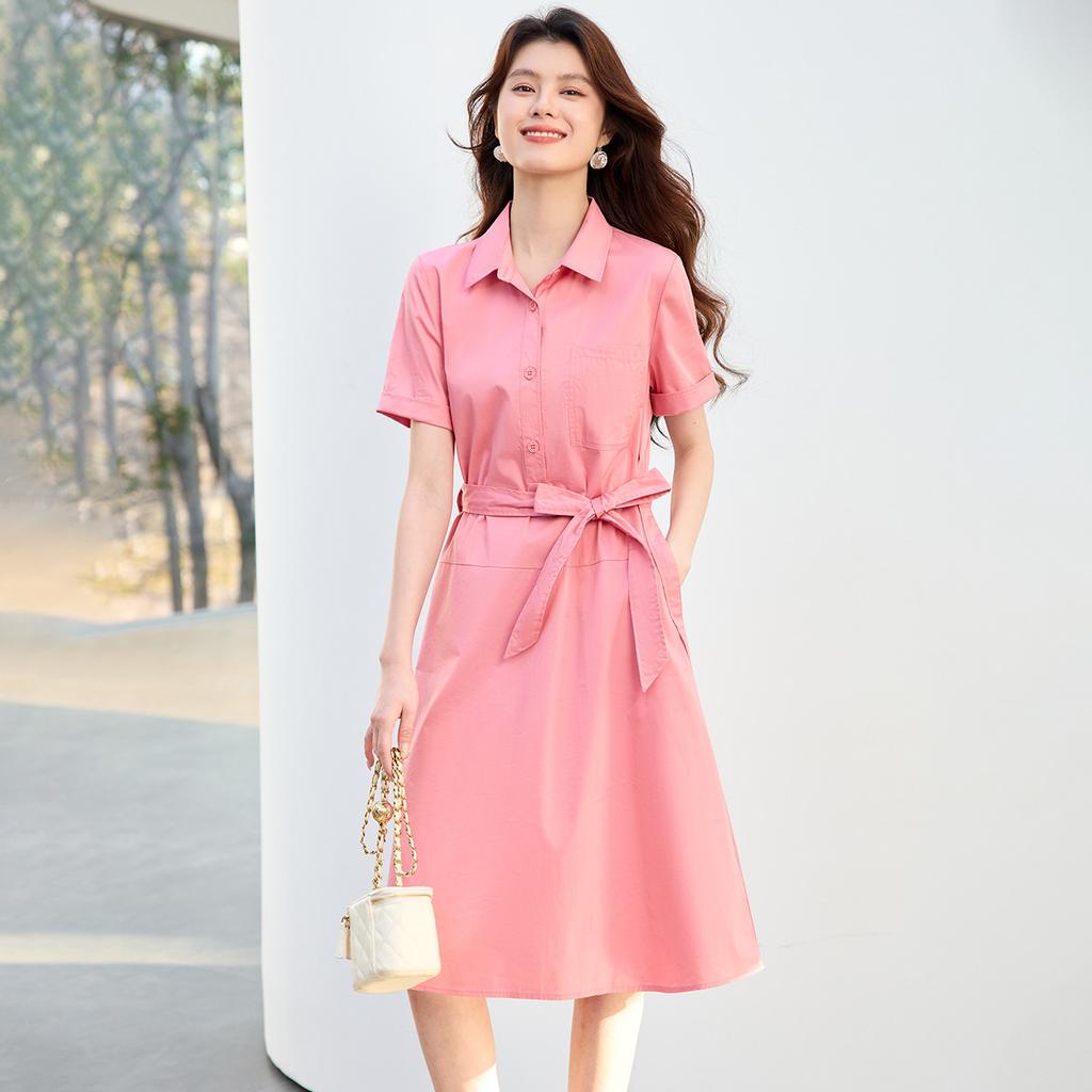 26 Year New Summer Casual High-end Shirt Skirt, Mid Length Skirt, Waist Cinching Elegant Short Sleeved Skirt, A-line Skirt, Dress, Skirt