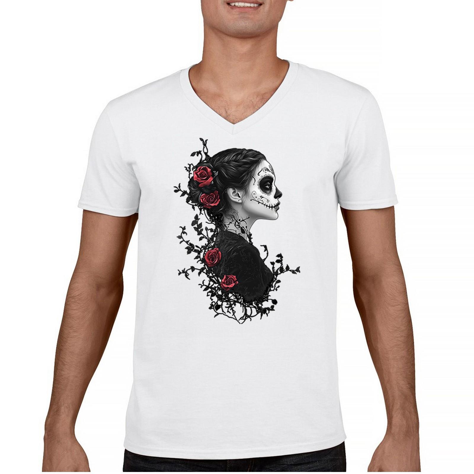 Gothic Sugar Skull Roses V-Neck T-shirt Day of Dead Dark Elegance Skeleton Tee S разноцветный