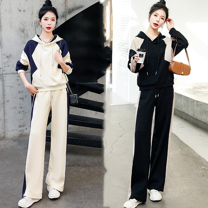 Early Autumn Casual Fashion Short Sleeve Patchwork Set Women's Wide Leg Pants Suit Korean Style Ladies' Ensemble