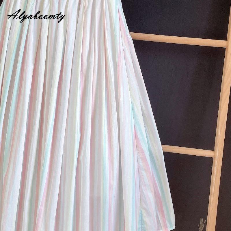 Spring Summer Women Rainbow Feminine Skirt Elastic Waist Pastel Striped Contrast Color Midi Skirt Cotton Soft Stylish Skirts Womens