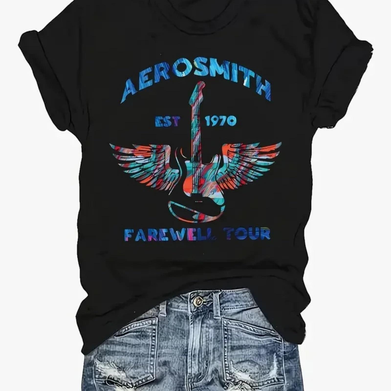 

Футболка с принтом гитары AEROSMITH Повседневная с коротким рукавом с круглым вырезом Летний женский большой размер Одежда Графический Харадзюку Уличная одежда S разноцветный