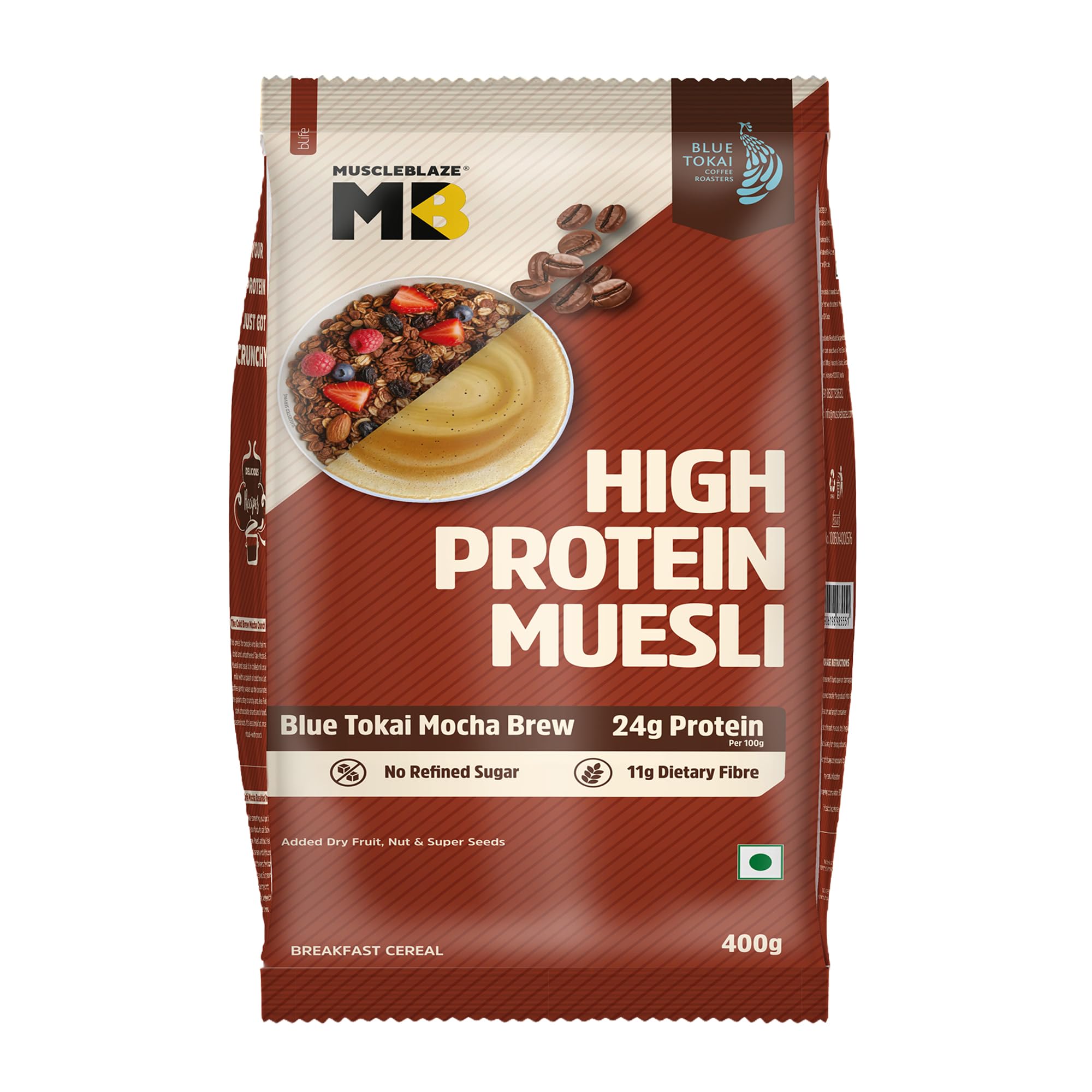 MuscleBlaze High Protein Muesli (Blue Tokai Mocha Brew, 400g) | 24g Protein | With Raisins, Almonds & Super Seeds, High Protein Breakfast Cereals