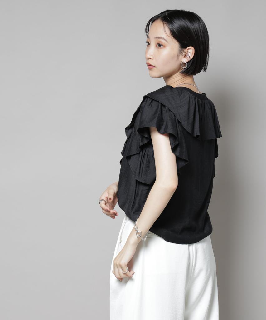 Nano Universe Frill Detail Front Size F Women's Lace-Up Blouse, Black, 010, 673-5221307