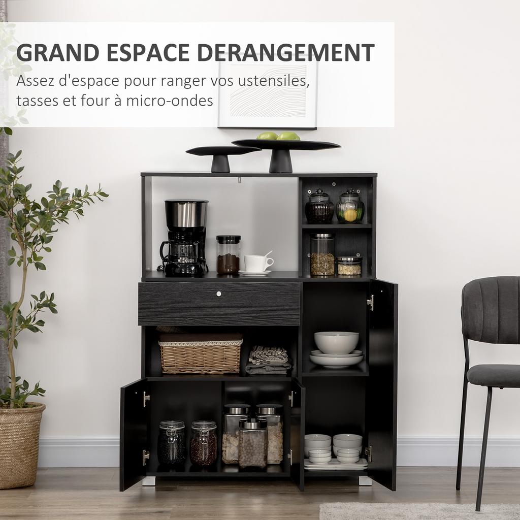 Multi-layer microwave furniture with 2 cabinets, 4 compartments and sliding drawer. Dimensions: 90 cm long x 40 cm wide x 120 cm high, in black wood