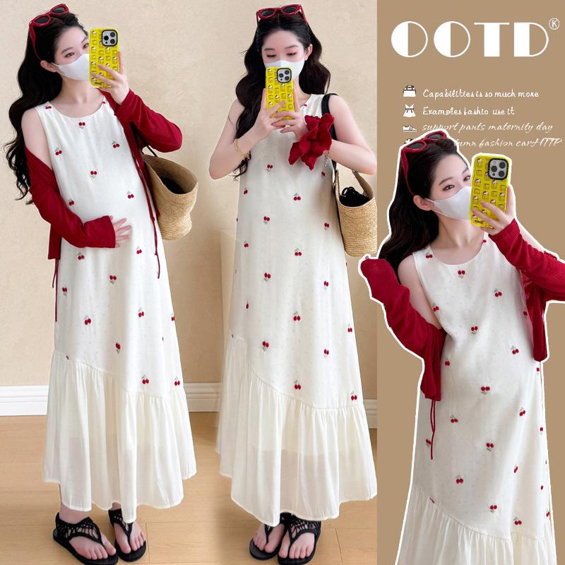 2026 Spring Fresh Maternity Two-Piece Set: Sun Protection Cardigan & Sweet Embroidery Vest Dress XL