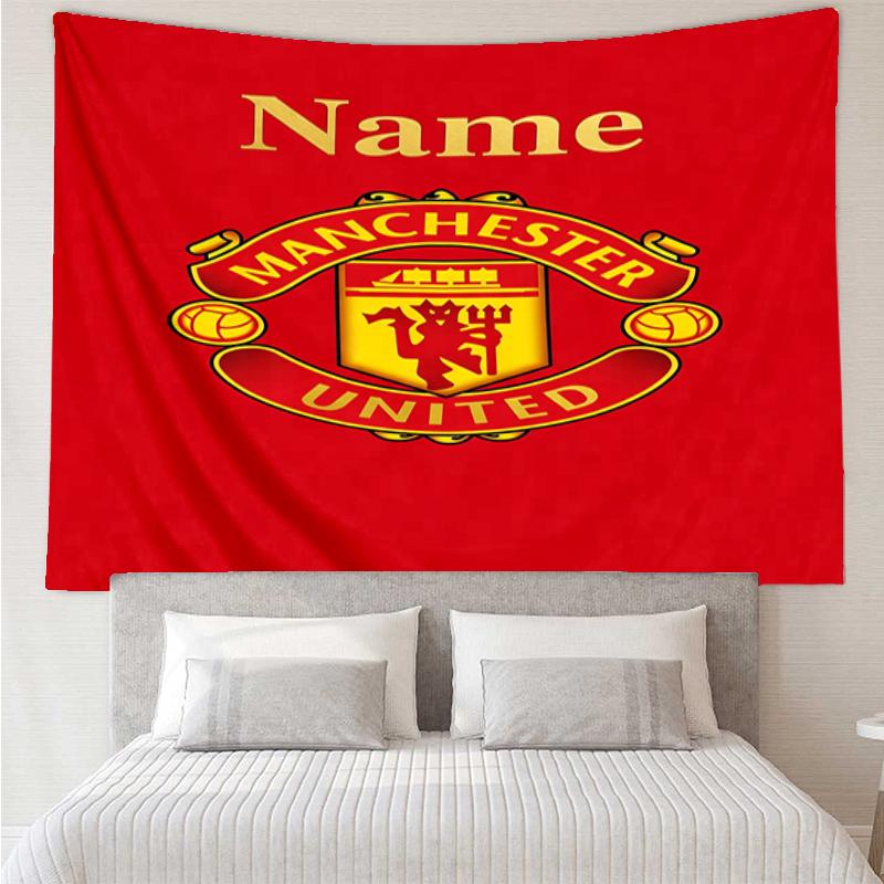 Custom Name Manchester United Print Tapestry, Backdrop, Easy Setup, Ideal for Bedroom, Office & Living Room, with Aesthetic Wall Hanging Decor.