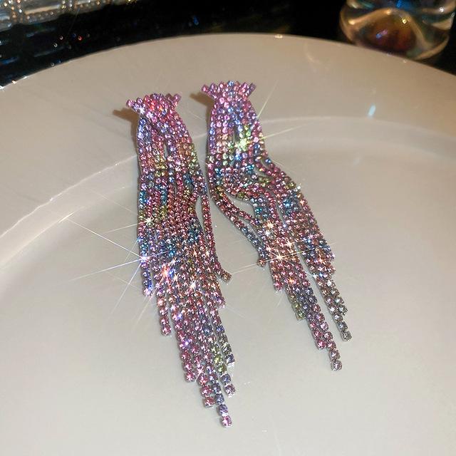

Крест-дизайн, блестящие серьги с радужными кристаллами для женщин, длинные висячие серьги с розовыми стразами и кисточками, женские свадебные серьги