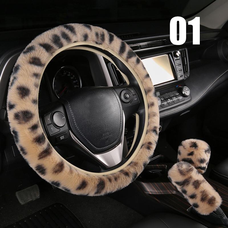 3 Stück/Set Winter Leopard Muster Plüsch Auto Lenkradbezug Schalthebelbezug Handbremsbezug Auto Schutzpolster Innenraum