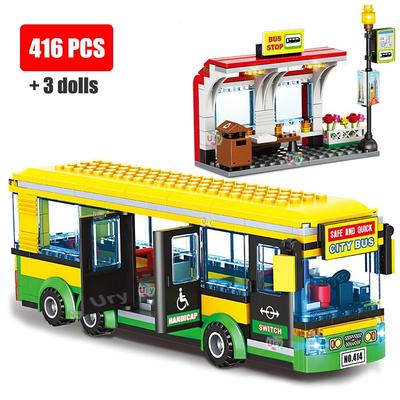 Stadsauto Gele Passagier Schoolbus Station Enkeldeks Openbare Set Figuren Modelbouwstenen DIY Speelgoed voor Kinderen Jongens Cadeaus