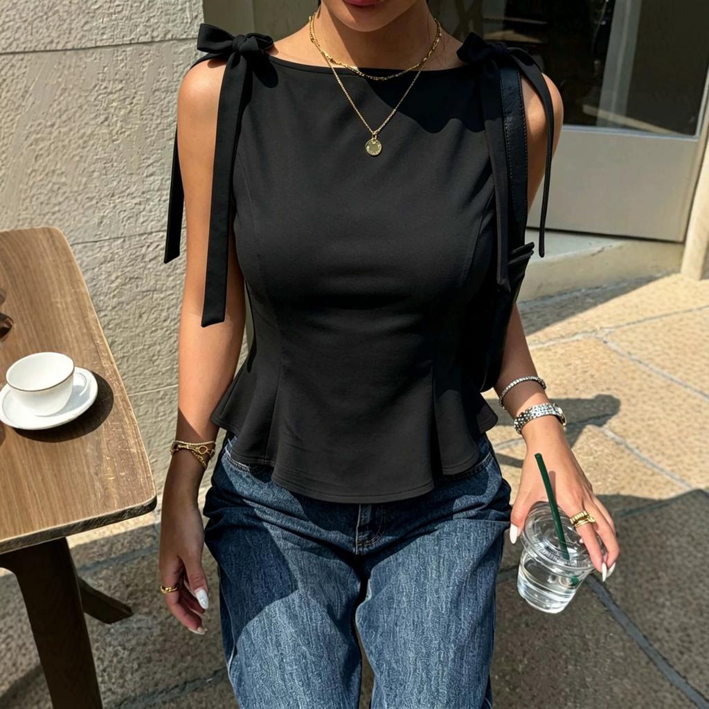 Sleeveless Top, Bow Tie Waist Slimming Ruffle Top For Women Summer