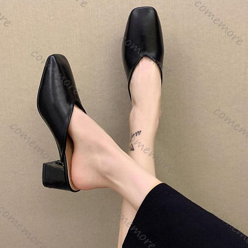 Fashion Comemore Baotou Half Slippers Women Summer New Outer Wear Fashion Solid Color Square Toe Thick Heel High-heeled Women's Shoes