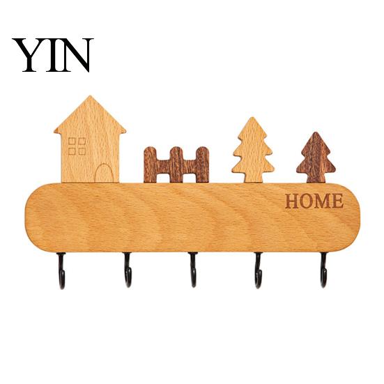 Adhesive Key Rack for Wall Wooden Holder with 5 Hooks, Cartoon House Theme Organizer, Multi Purpose Hanging Keys Pet Leashes And Hats Heavy Duty Screw