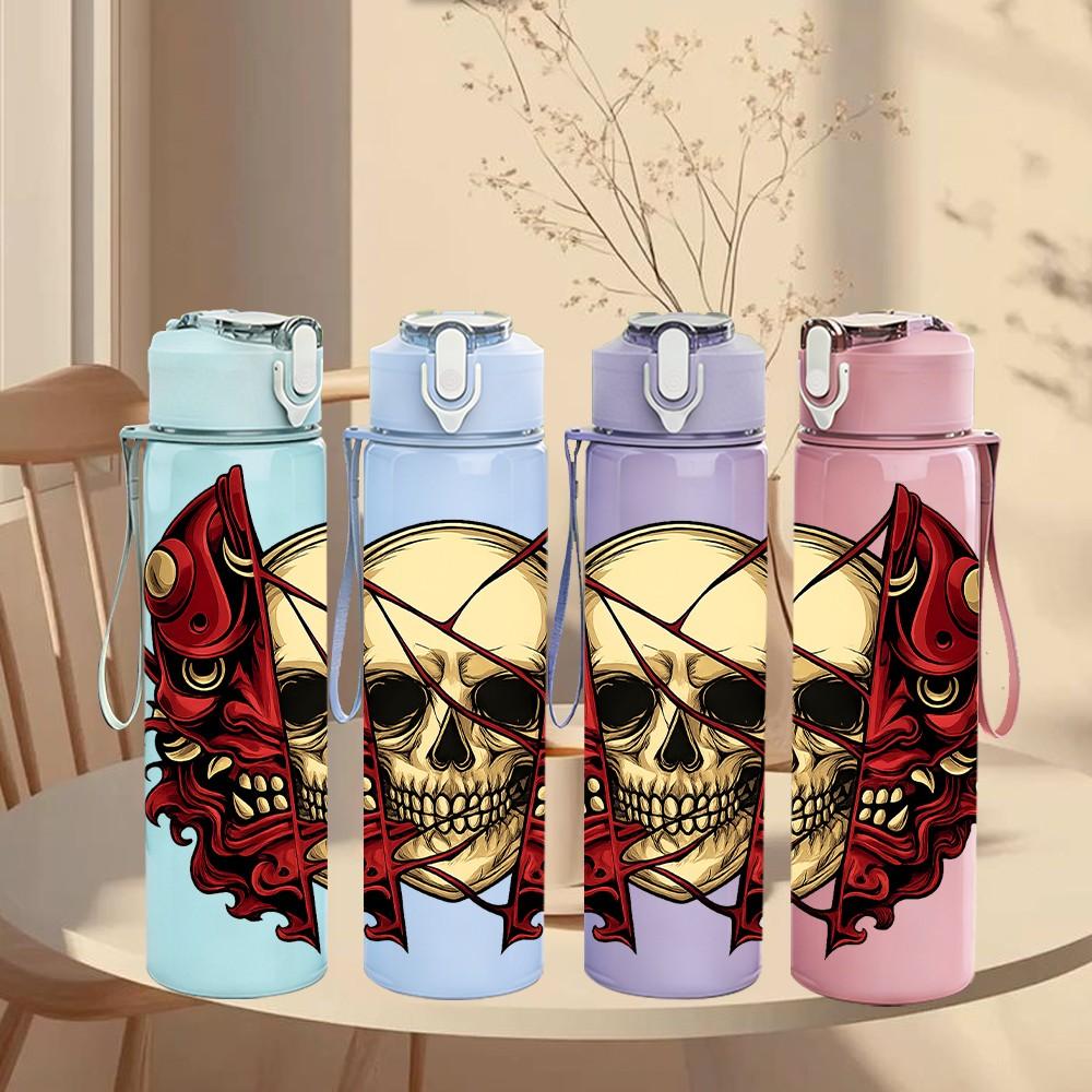 1PC Red Skull Rose Ornate Print 750ml Color Plastic Sports Water Bottle Leakproof Flip Straw Lid Suitable for Sports Office Home Use