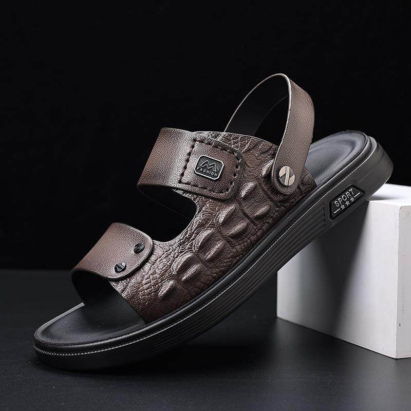 Summer first layer sheepskin men's sandals leather outdoor beach shoes fashion dad men's leather sandals men's slippers