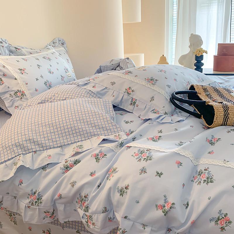 

100% Cotton Spring Garden Flowers Botanical Chic Ruffles Soft Comfortable Double Queen (1Duvet Cover+1Bed Sheet+2Pillowcases) Queen 200X220cm 4Pcs