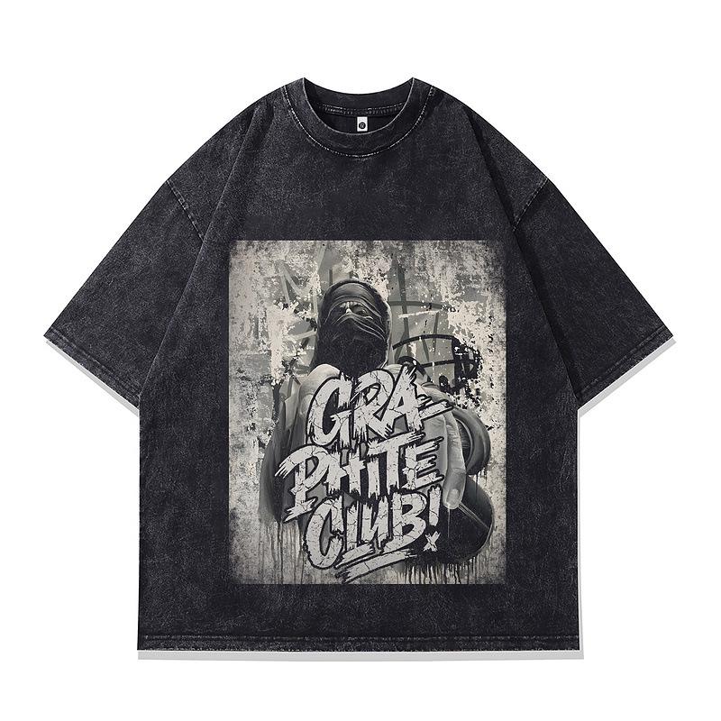 Personalized Men'S T-Shirt American Retro Hip-Hop Printed Small Neckline Heavy Cotton Washed Short-Sleeved T-Shirt
