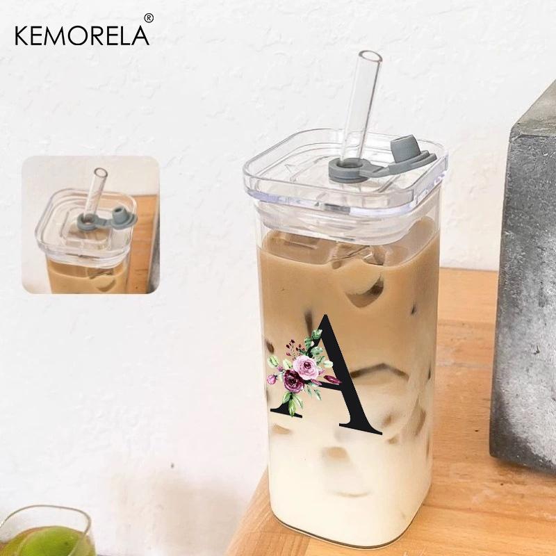 1 STÜCK 24 Buchstabenförmige Glastrinkbecher mit Deckel und Strohhalm Kaffeebecher 300ML Klarer quadratischer Trinkbecher für Kaffee Bier Milch
