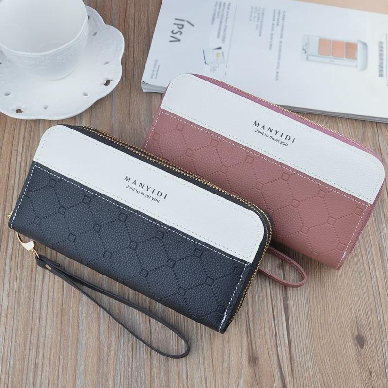 Fashionable Ladies' Long Wallet with Double Zipper – Contrast Color Clutch, Large Capacity for Coins and Phone.