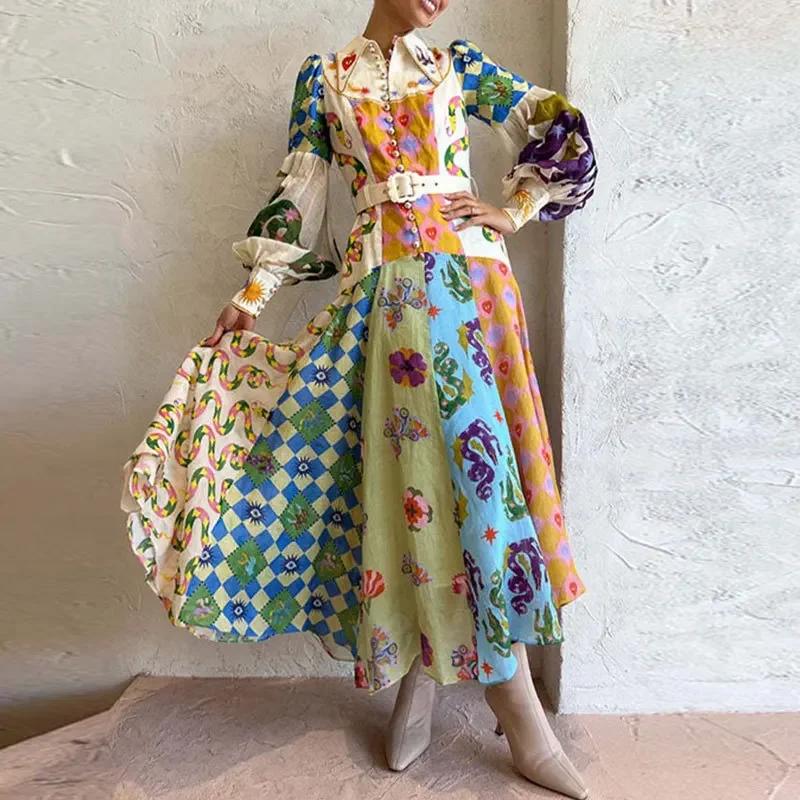 Frühlingssaison Damen Langarm Laternenärmel Print Kragen Tailliertes Kleid Knielang V-Ausschnitt Mode Y2K Kleid