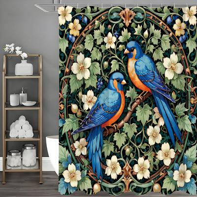 Blue Bird Flower Green Leaf Purple Fruit Shower Curtain, Bathroom Decorative Shower Curtain, Waterproof Shower Curtain with Hook