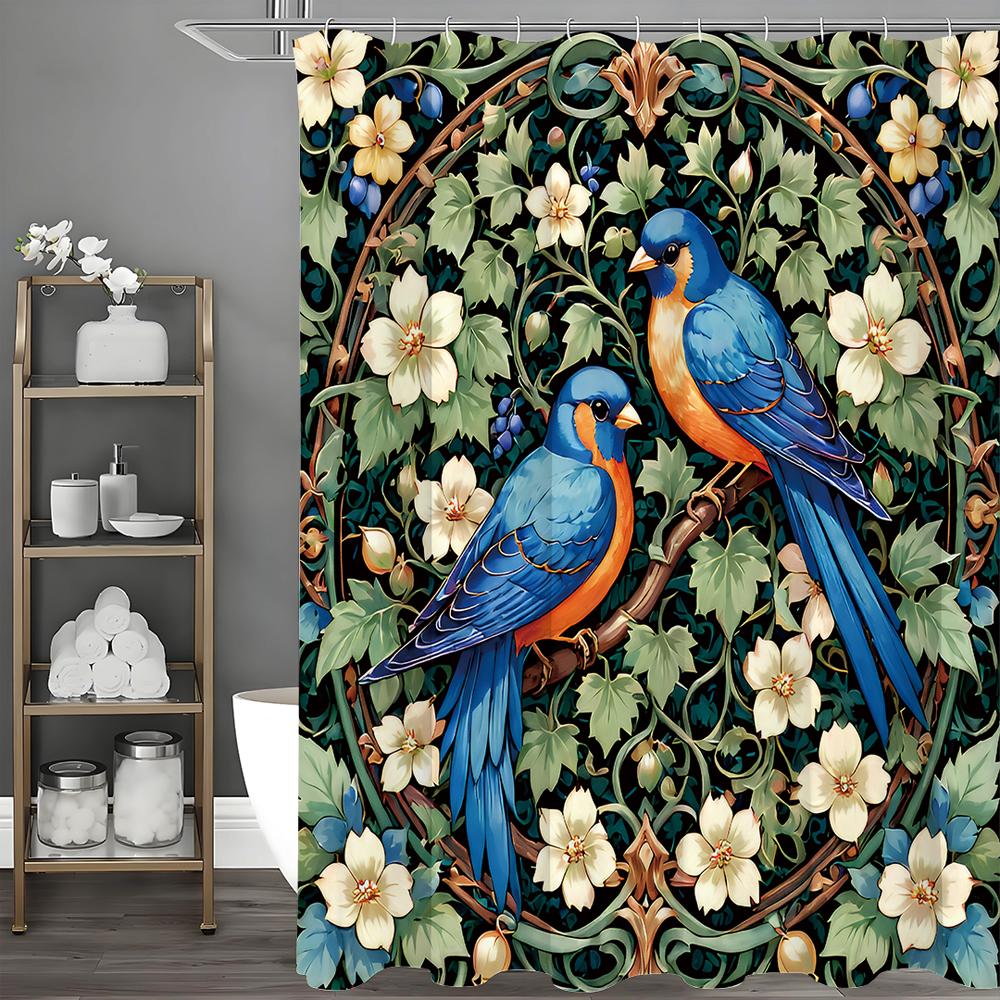 Blue Bird Flower Green Leaf Purple Fruit Shower Curtain, Bathroom Decorative Shower Curtain, Waterproof Shower Curtain with Hook