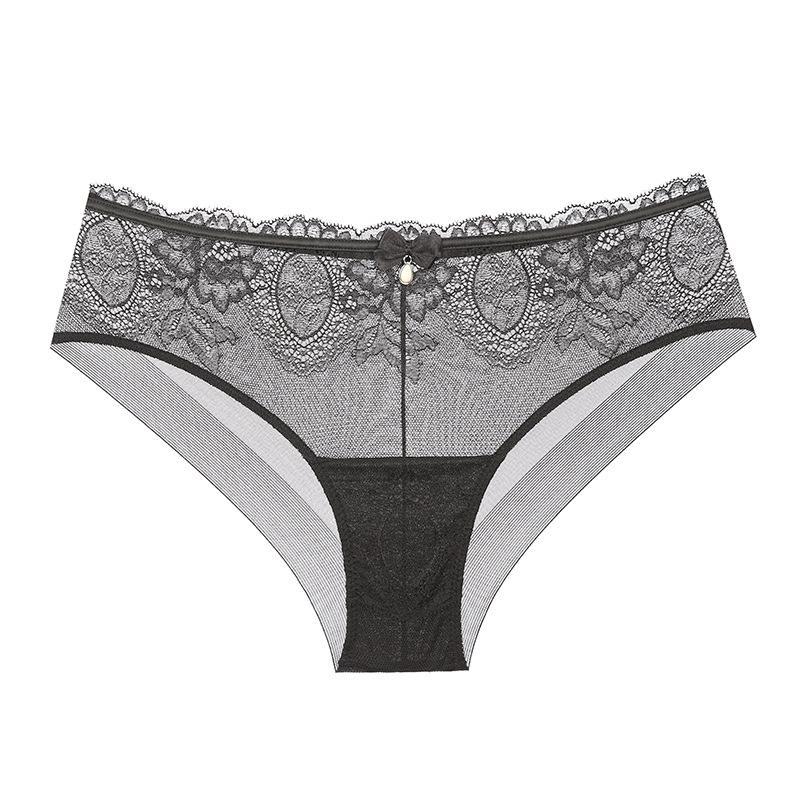 Ropa interior de encaje estilo europeo y americano con entrepierna de algodón ahuecada transpirable de talle medio para mujer