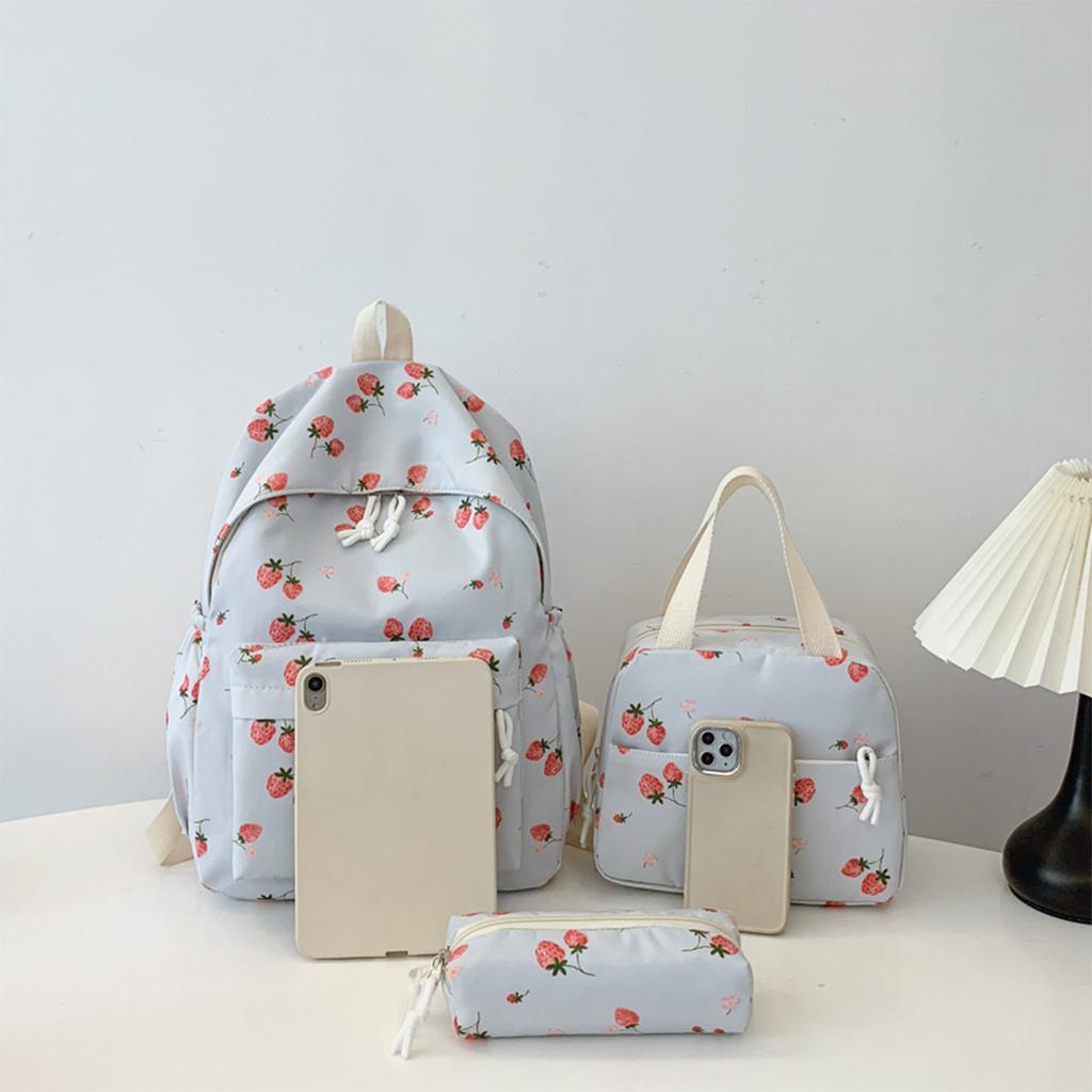 Cute Strawberry Pattern Backpack Set 3Pcs Handbag&pencil Case Reinforced Nylon Dual Zipper School Essentials Lightweight Commute