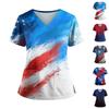 Damen Independence Day Print V-Ausschnitt Doppeltasche Kurzarm Uniform mit geschlitztem Saum - Pflegekraft Oberteil
