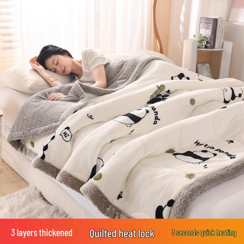 Three-Layer Quilted Milk Velvet Cartoon Blanket - Thick, Machine Washable, Ideal for Autumn/Winter Naps