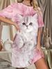 Women's Pink Kitten Print Dress - Short Sleeve T-Shirt Sleep Dress with Round Neck. Soft Pajama Dress For. Machine Washable Year-Round Cozy Nightwear