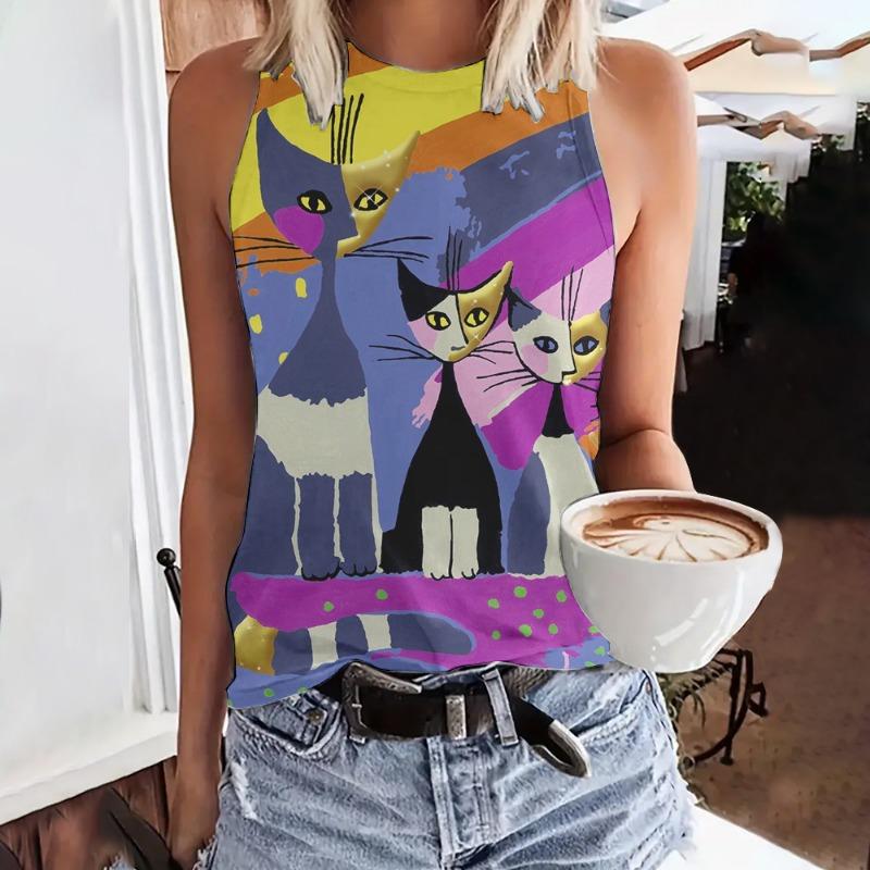 Summer Funny Face Cat 3D Print Tank Tops Women Fashion Streetwear Oversized O-Neck Oest Off Shoulder Sleeveless Woman Camisole