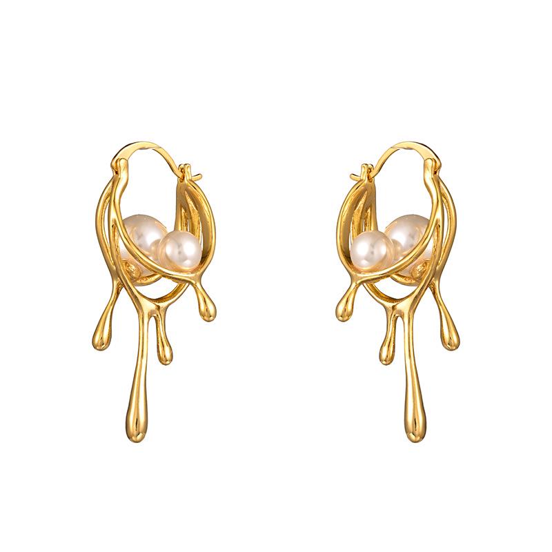 Elegant Pearl Drop Earrings: Irregular Metal 'Lava' Design with European & American Style