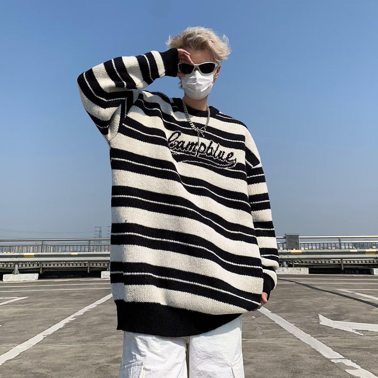 Men s Trendy Loose Striped Knit Sweater - Japanese Harajuku Autumn/Winter Style Medium чёрный
