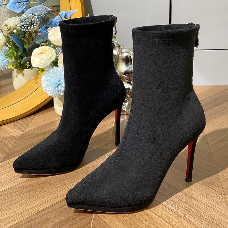 Autumn and winter nude thin boots high heels women's thin heels temperament short boots waterproof table suede pointed elastic boots
