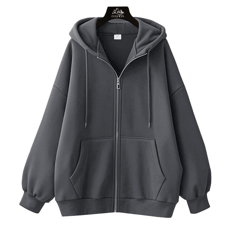 Fleece-Lined Cardigan Hoodie for Autumn/Winter - Loose Fit Sporty Style with Zipper