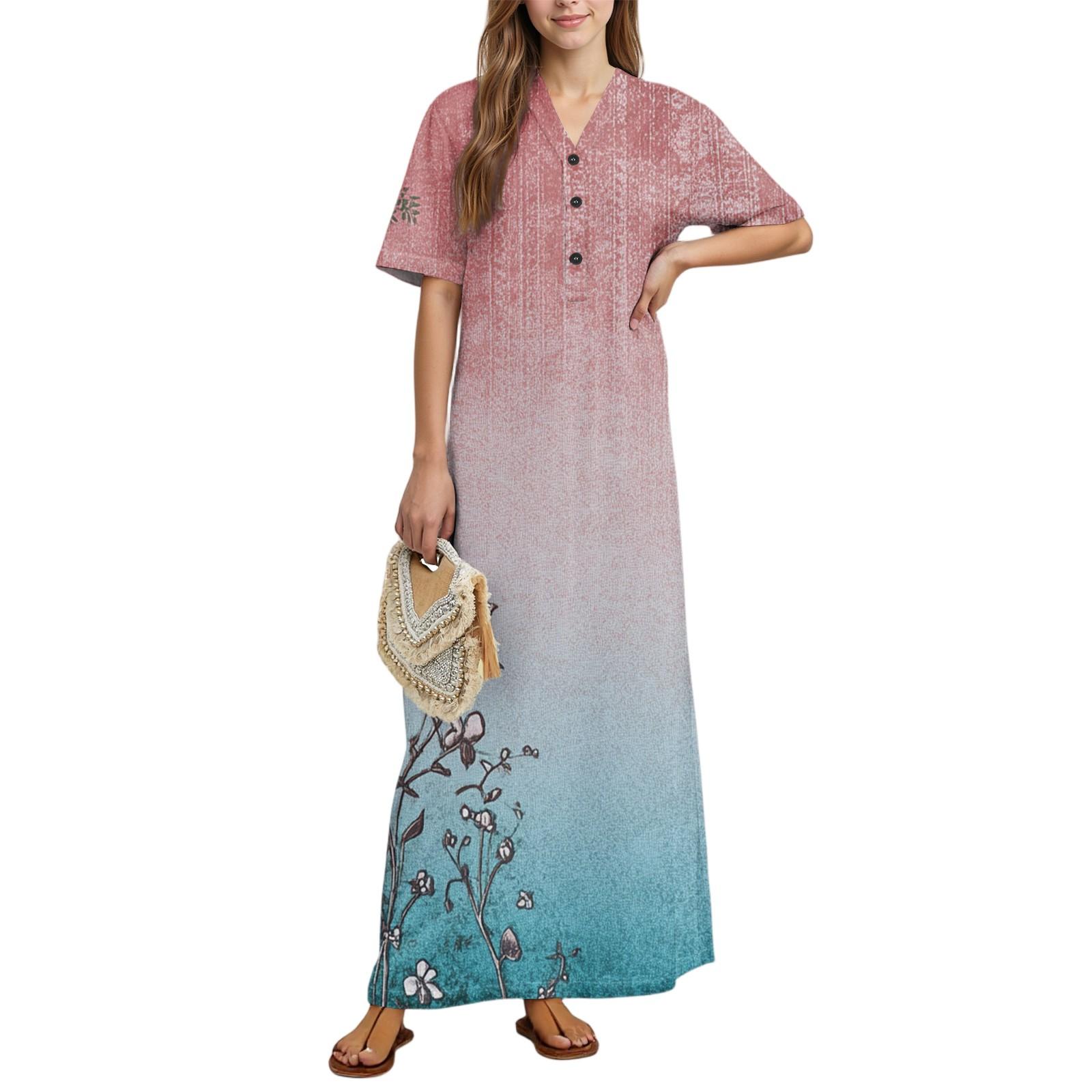 

Жіноча мода Принтована нічна сорочка Домашній одяг Нічна сорочка з коротким рукавом з кишенями Довга сукня S рожевий