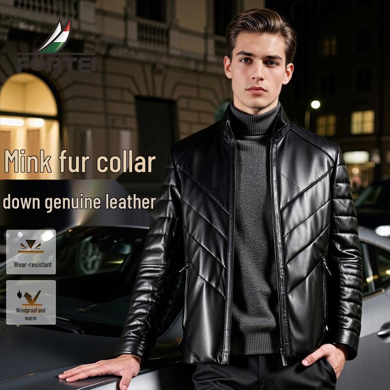 

Men s Sheepskin Leather Down Jacket with Detachable Mink Fur Collar XL