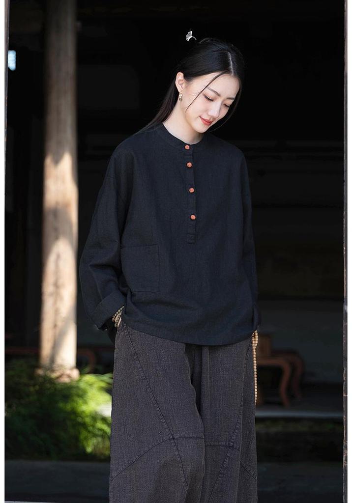 2025 Autumn Cotton Linen Women's Color Block Stand Collar Frog Button Pullover Plus Size Top
